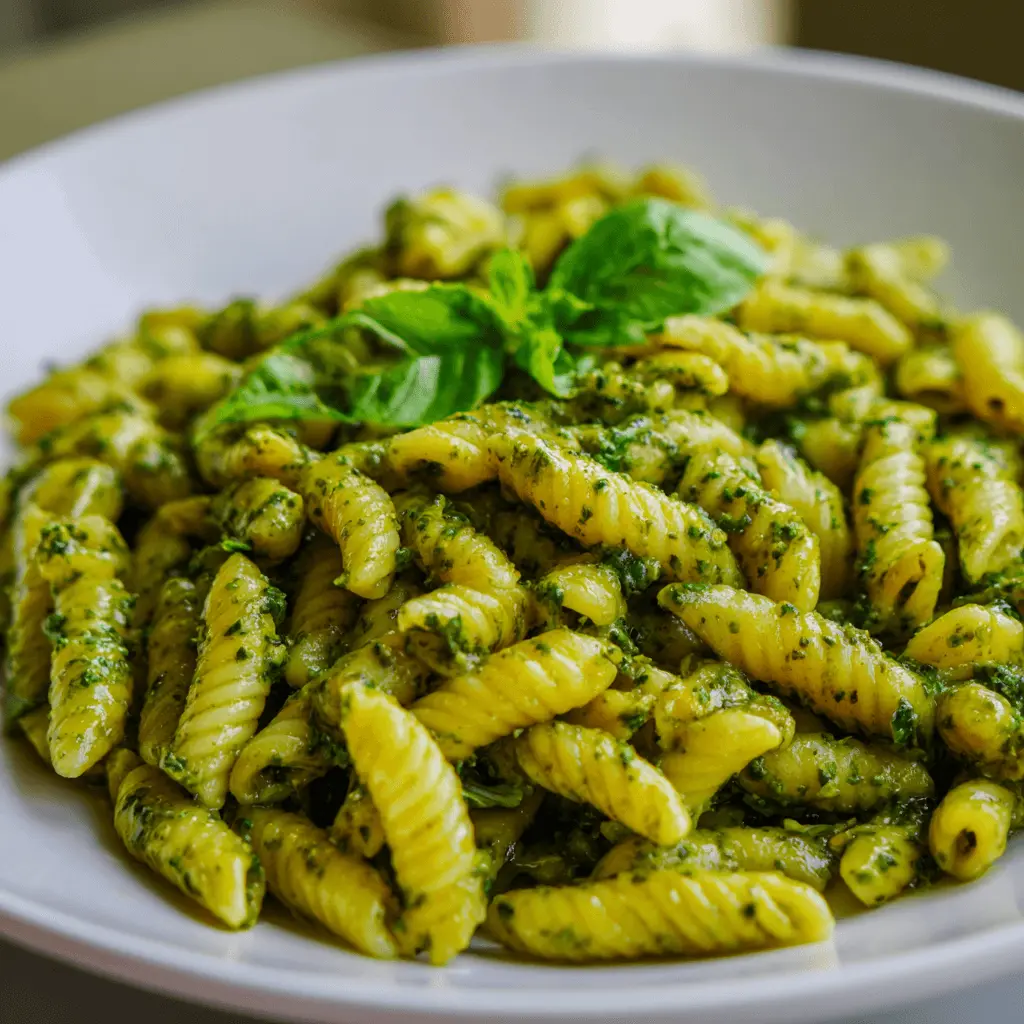 Vibrant close-up of a delicious pesto pasta recipe garnished with fresh basil leaves.