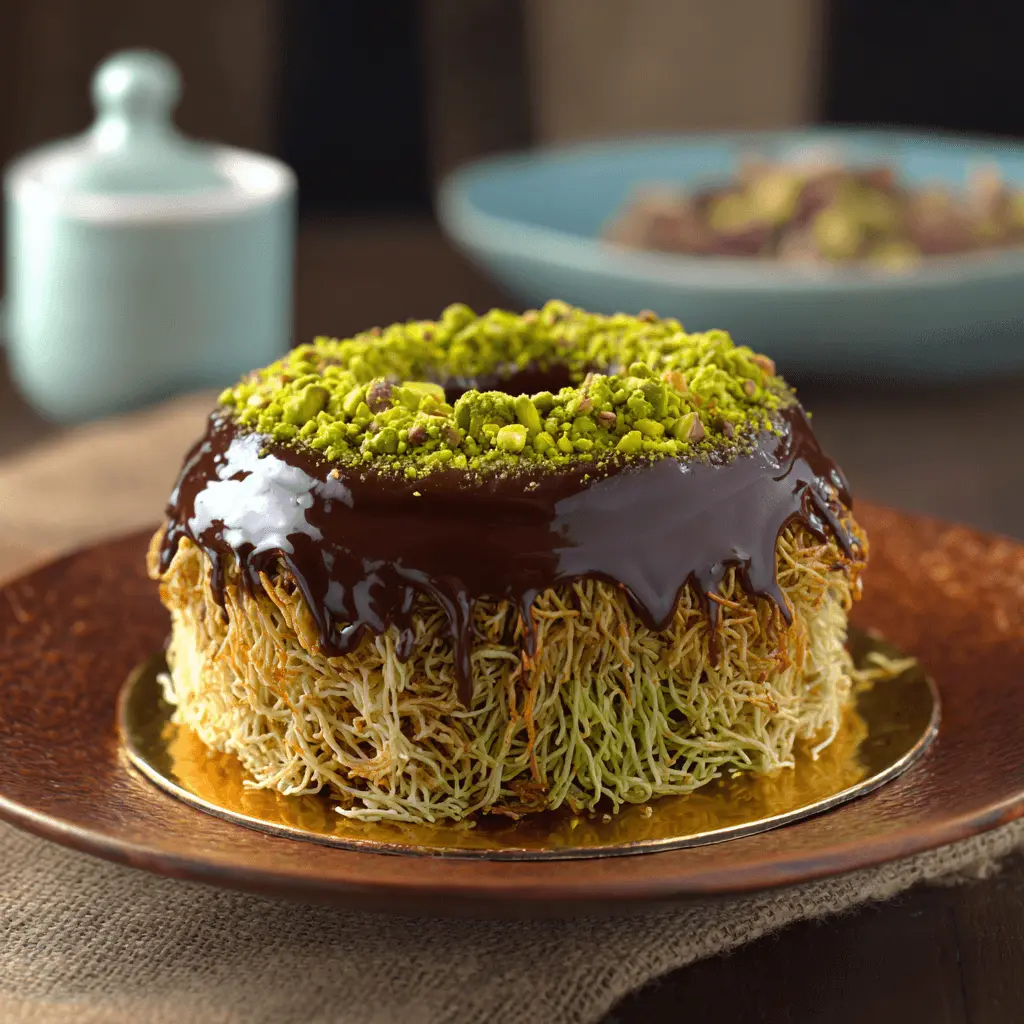 A decadent Dubai chocolate cake with golden kadaif pastry, rich chocolate ganache, and vibrant pistachio topping on a rustic plate.
