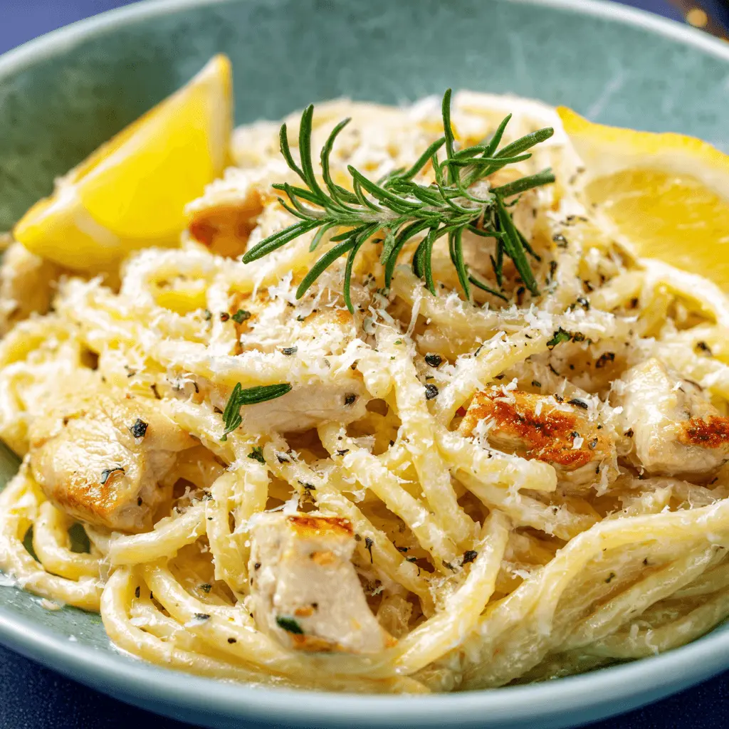 Close-up of a creamy chicken pasta recipe served in a rustic teal bowl, garnished with rosemary and lemon.