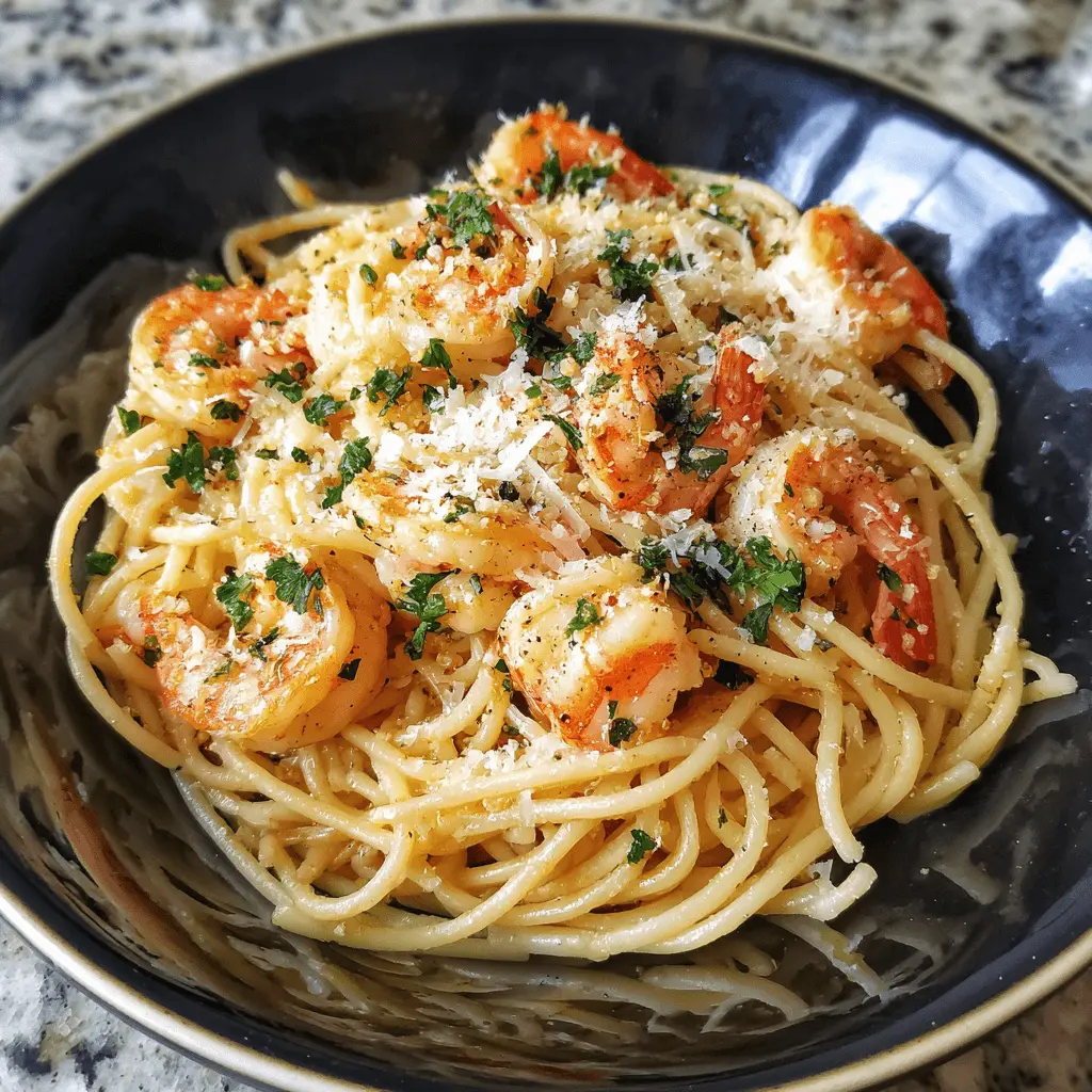 Close-up of a delicious shrimp pasta recipe with plump shrimp, Parmesan, and fresh parsley in a dark glossy bowl.