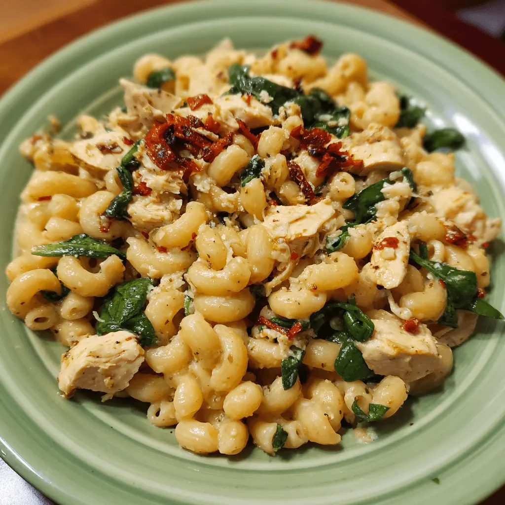 A vibrant and appetizing plate of elbow macaroni with chicken, spinach, and sun-dried tomatoes, highlighting a healthy pasta recipe.