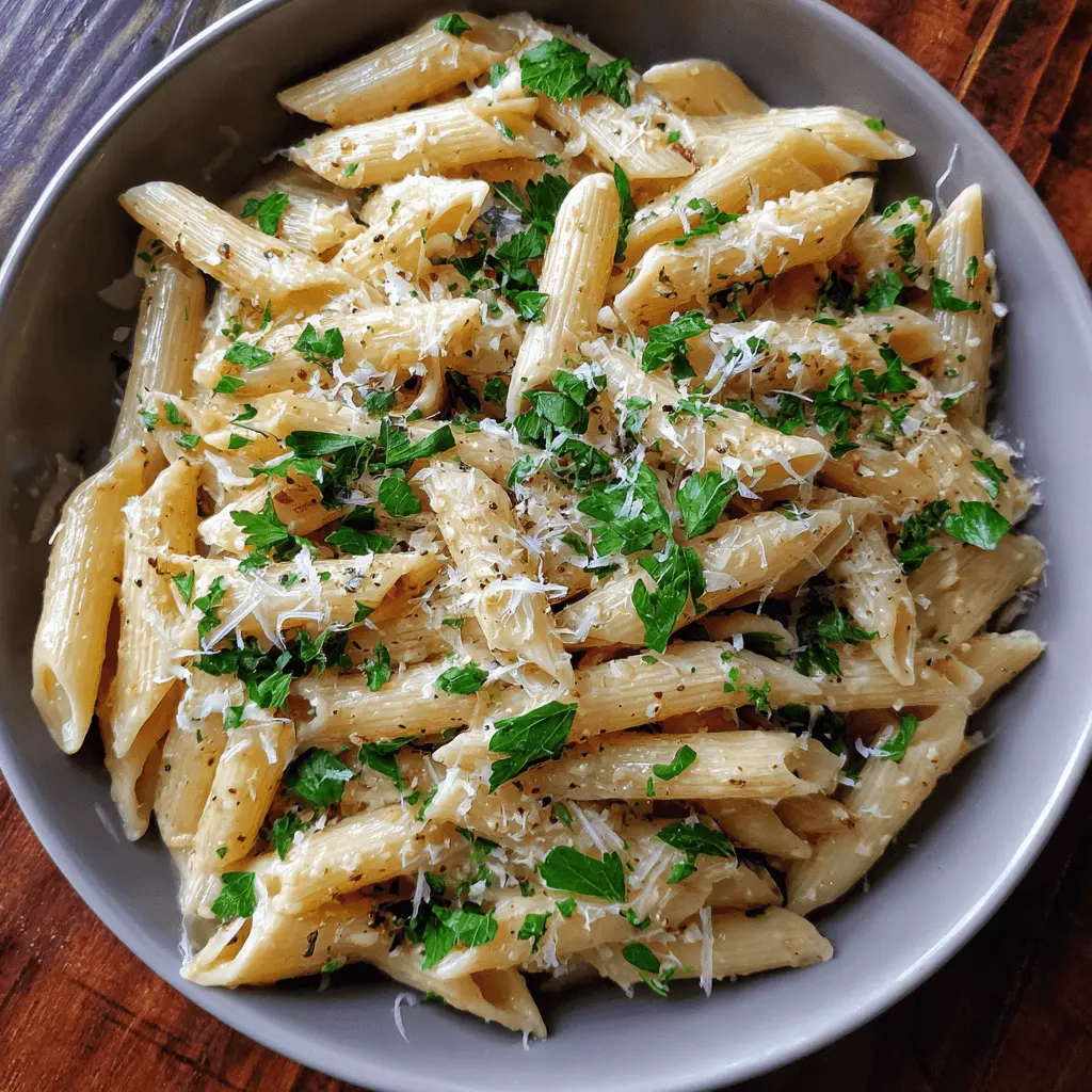 A close-up, top-down view of a creamy penne pasta recipe garnished with fresh parsley and grated cheese in a gray bowl on a wooden table.