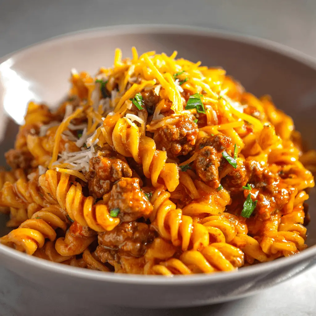 Close-up of an appetizing ground beef pasta recipe with fusilli, rich meat sauce, shredded cheese, and fresh herbs.