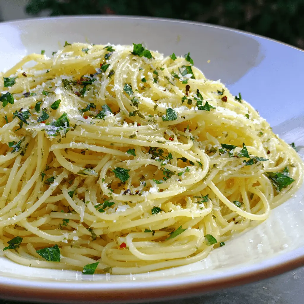 Close-up of a vibrant angel hair pasta recipe, seasoned with garlic, olive oil, fresh herbs, grated cheese, and red pepper flakes in a white bowl.