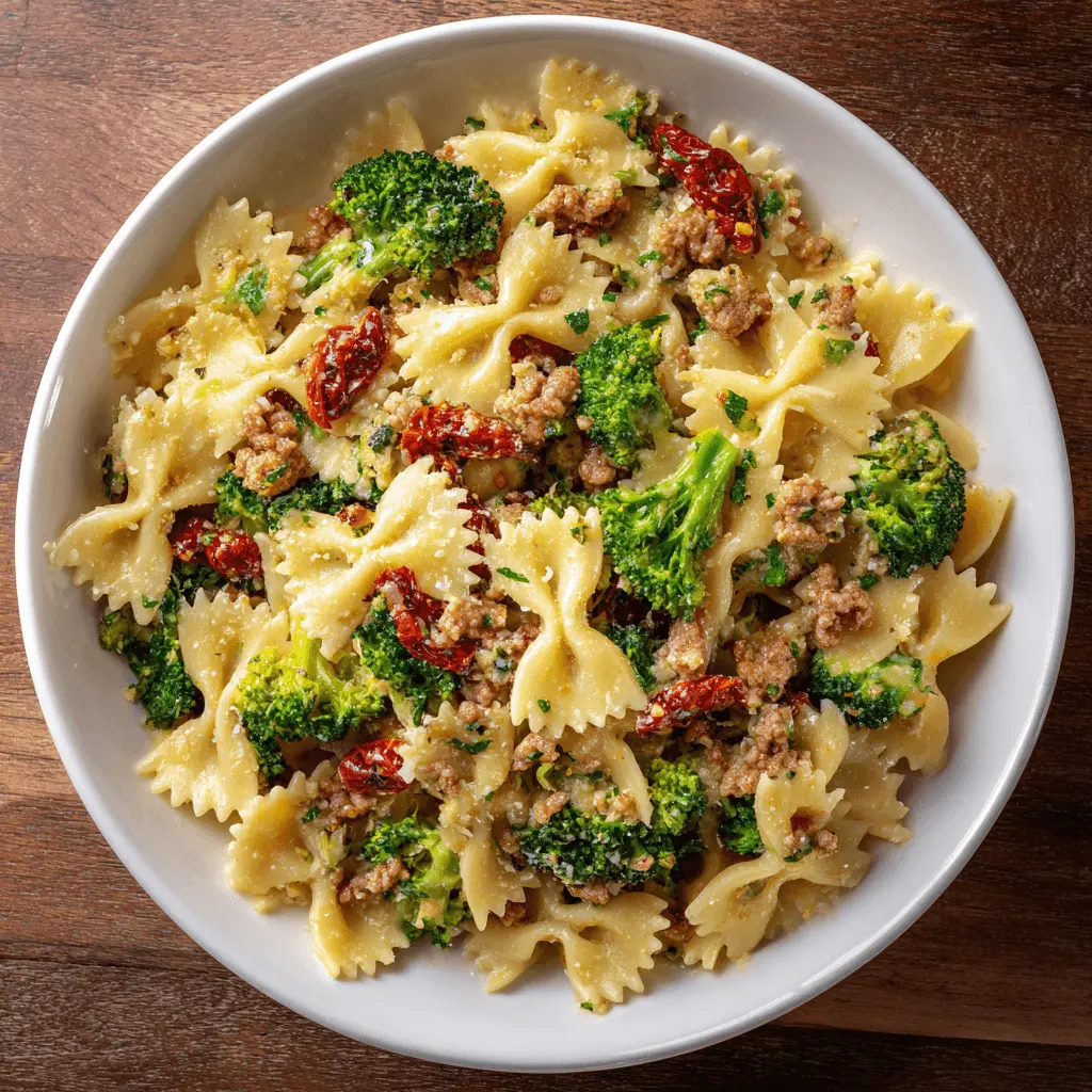 Overhead view of a delicious bow tie pasta recipe with sausage, broccoli, and sun-dried tomatoes in a white bowl on wood.