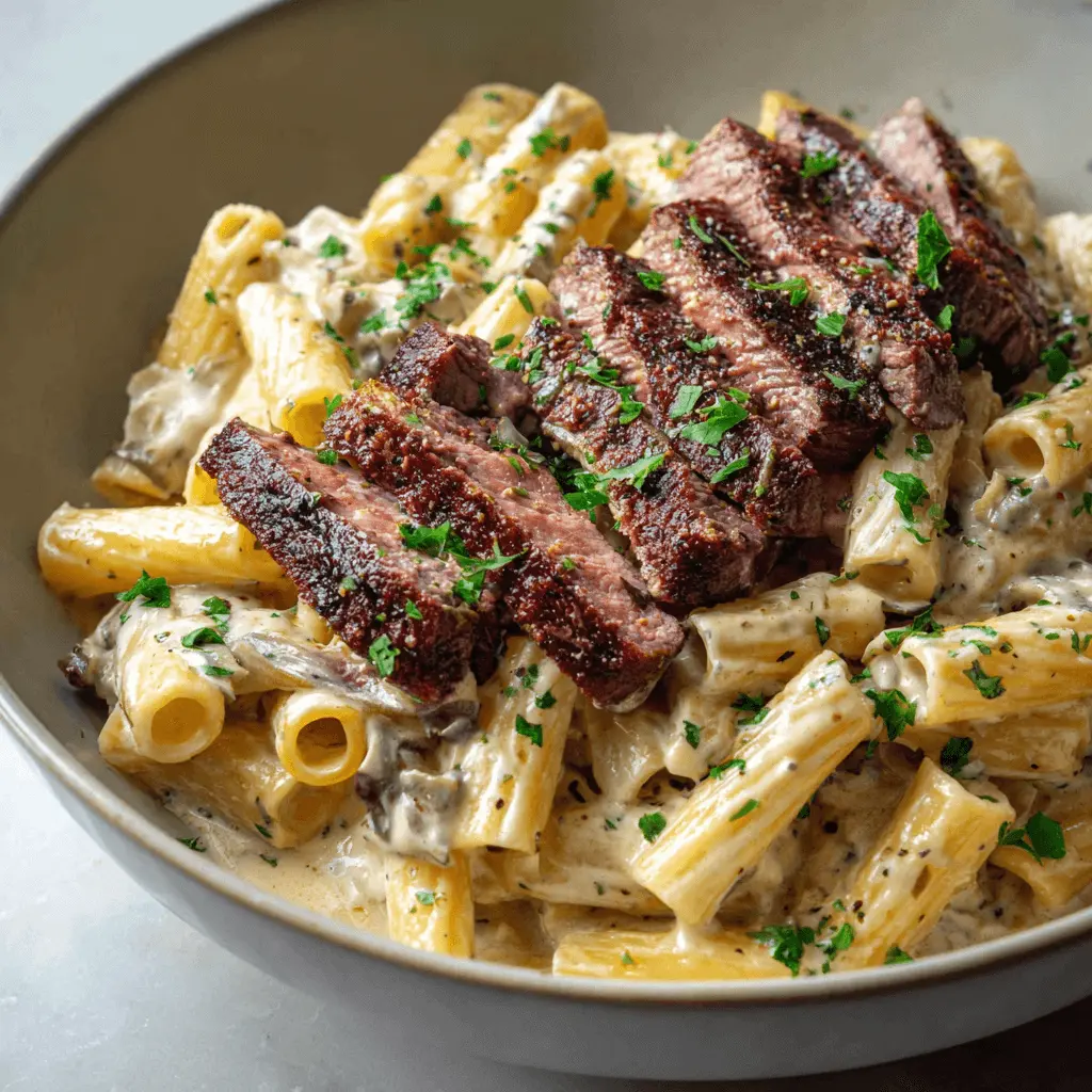 Close-up of a delicious steak pasta recipe featuring rigatoni in a creamy mushroom sauce, topped with perfectly seared medium-rare steak slices and fresh parsley.