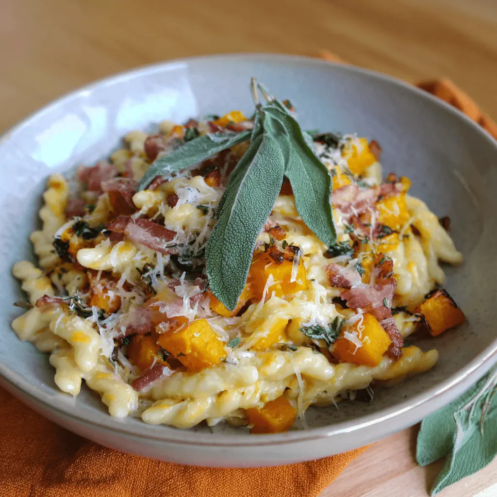 A close-up of a creamy fall pasta recipe featuring roasted butternut squash, crispy bacon, fresh sage, and grated cheese in a rustic bowl.