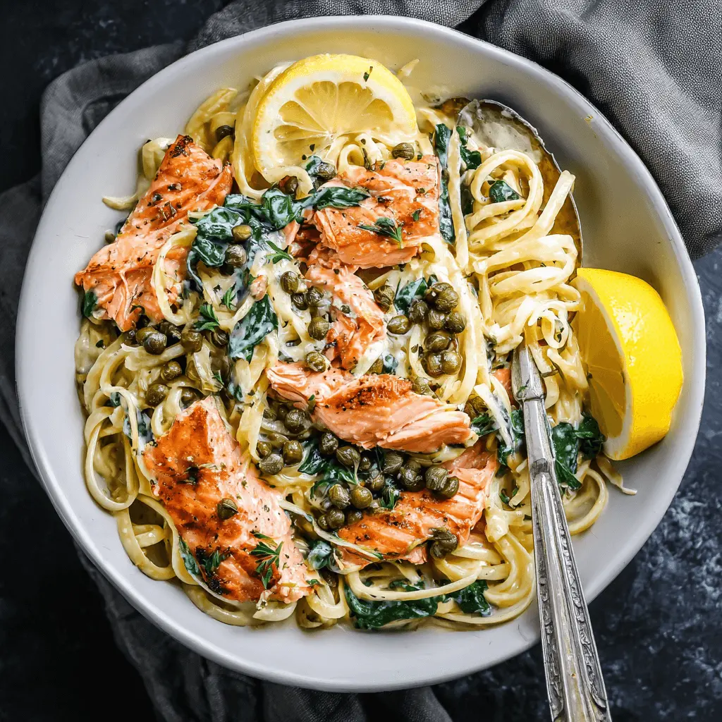 Overhead view of a creamy salmon pasta recipe with linguine, spinach, capers, and fresh lemon.