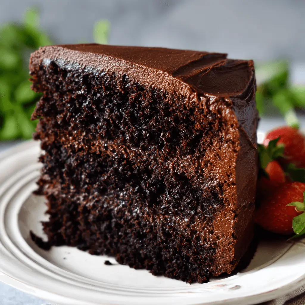 Luscious slice of dark gluten free chocolate cake with rich frosting and fresh strawberries on a rustic plate.