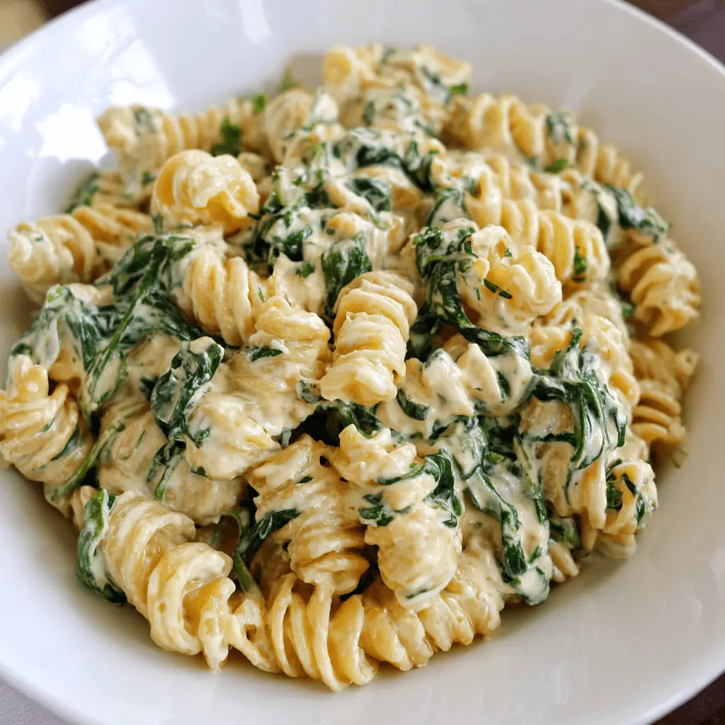 Close-up of a creamy spinach protein pasta recipe in a white bowl, highlighting its fresh ingredients.