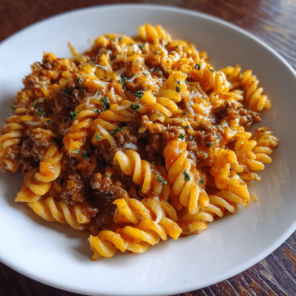 A close-up of a hearty fusilli beef pasta recipe in a white bowl, topped with melted cheese and fresh parsley on a wooden surface.