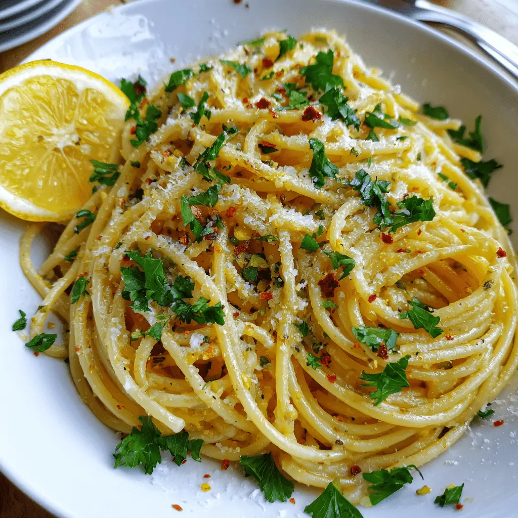 Close-up of a vibrant lemon pasta recipe with fresh parsley, lemon slices, and grated cheese in a white bowl.