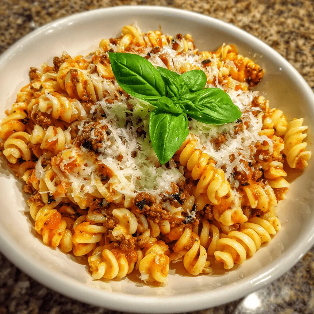 Close-up of hearty rotini pasta with meat sauce, cheese, and basil, perfect for rotini pasta recipes.