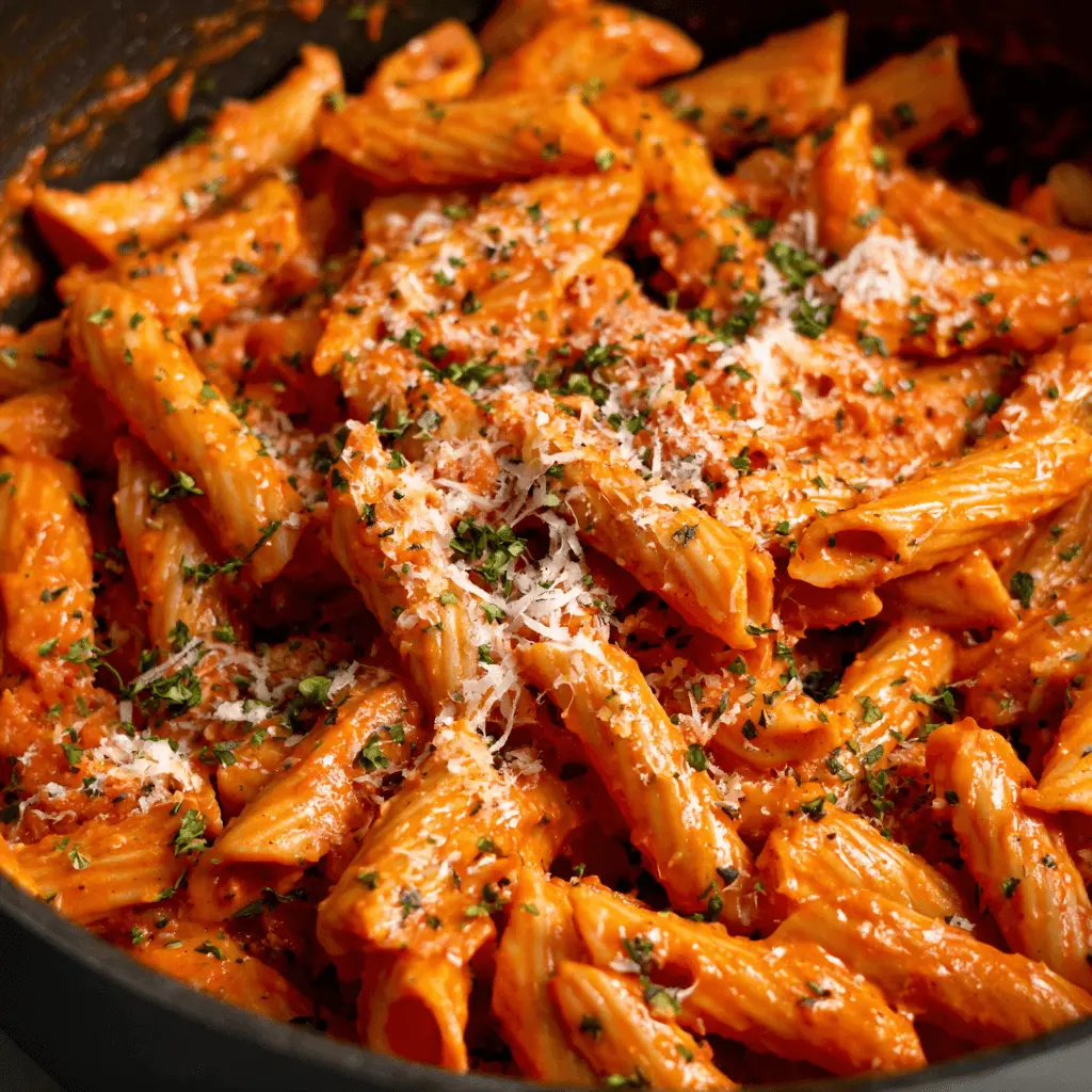 Close-up of creamy penne pasta with vibrant red sauce, cheese, and herbs, perfect for a red sauce pasta recipe.