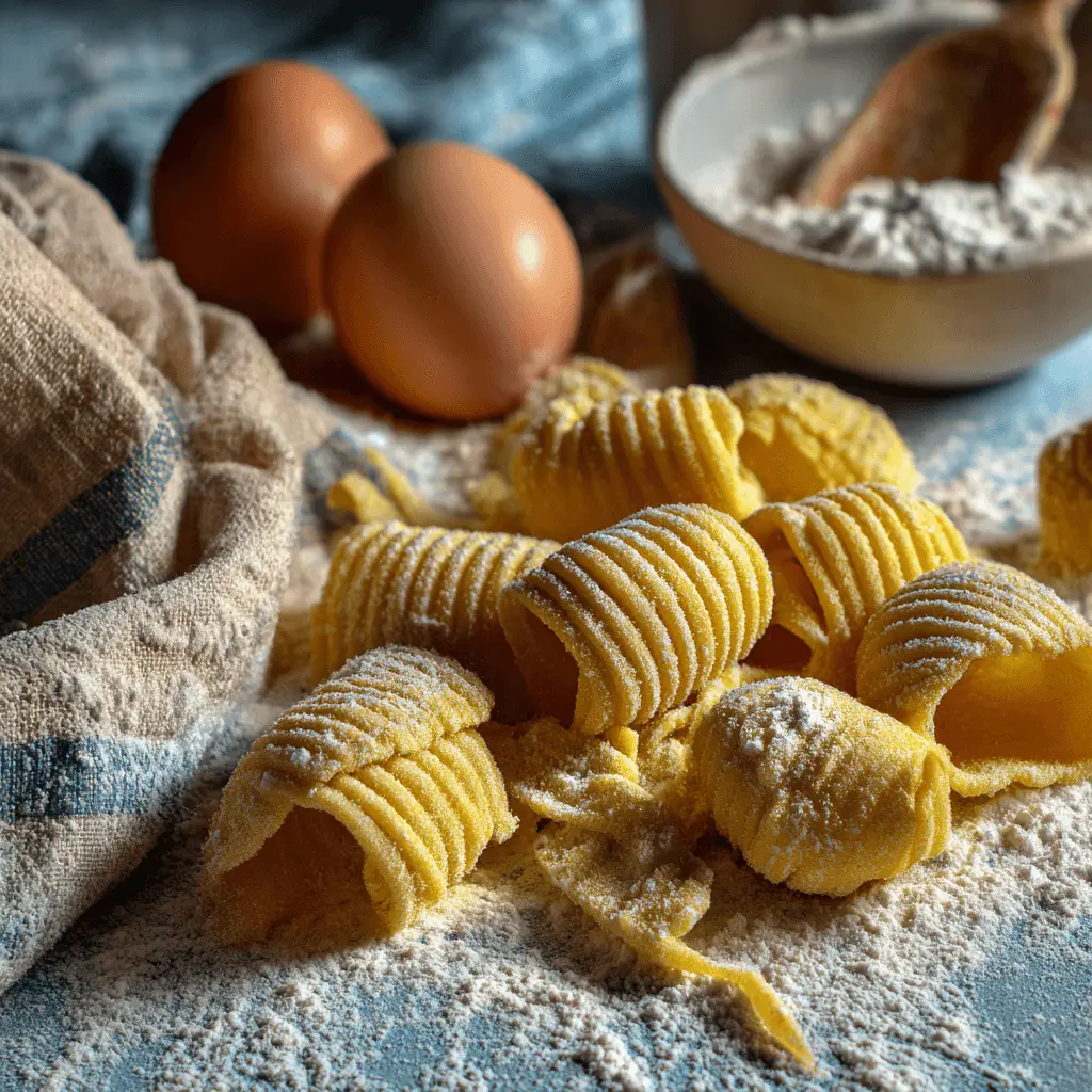 Freshly made, hand-rolled pasta pieces and raw ingredients like flour and eggs on a rustic surface, ready for an authentic Italian pasta recipe.