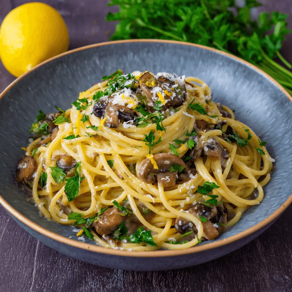 A delicious and inviting mushroom pasta recipe featuring creamy spaghetti, sautéed mushrooms, fresh parsley, and grated Parmesan in a dark ceramic bowl on a wooden surface.