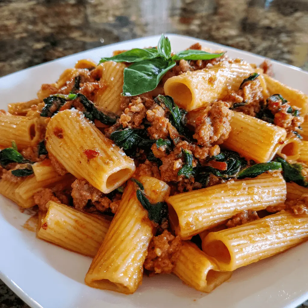 A high-angle view of a delicious rigatoni pasta dish with rich sauce, spinach, and fresh basil, perfect for inspiring your next vegan pasta recipe creation.