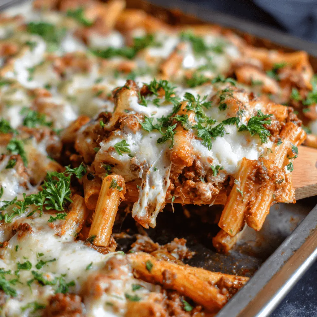 Close-up of a cheesy baked ziti pasta recipe being served, highlighting its gooey texture and fresh herbs.