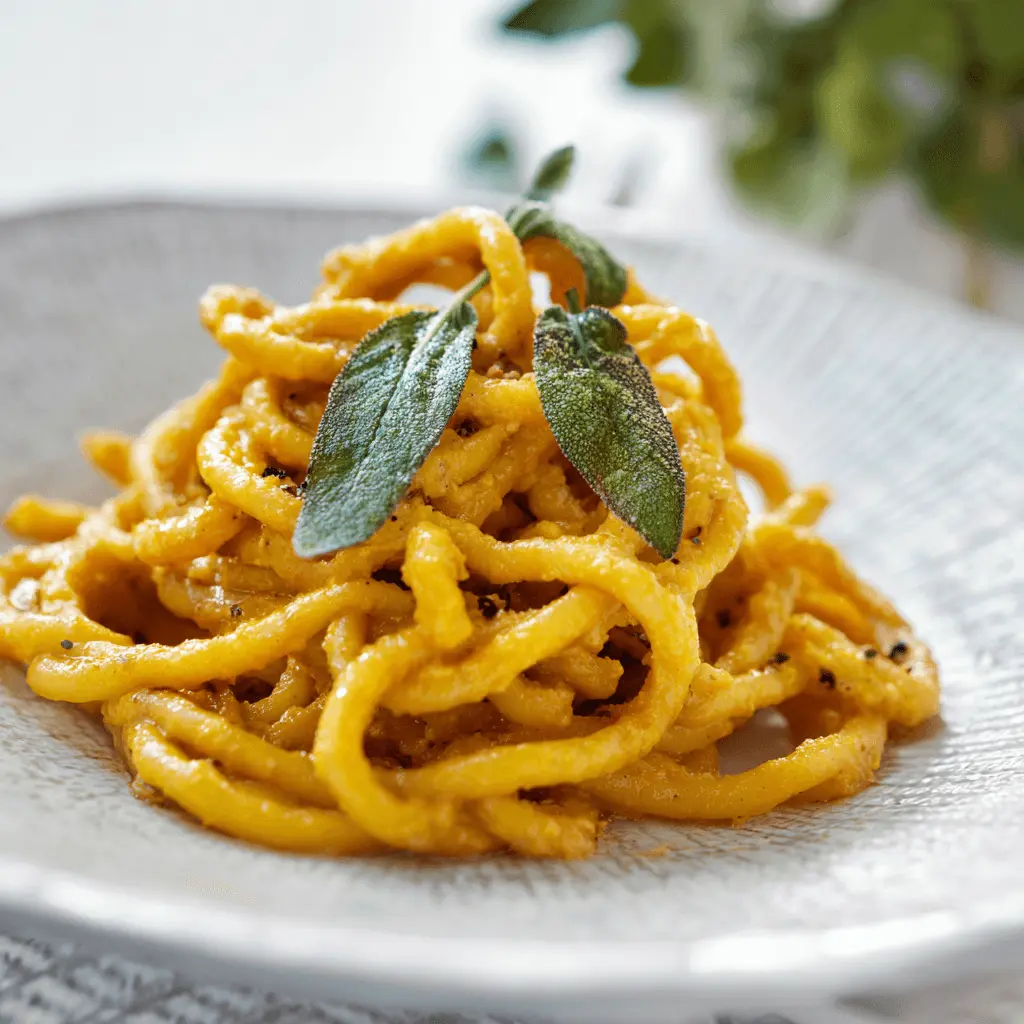 Mouth-watering close-up of a vibrant, rich-textured gluten free pasta recipe, beautifully plated with sage and pepper.