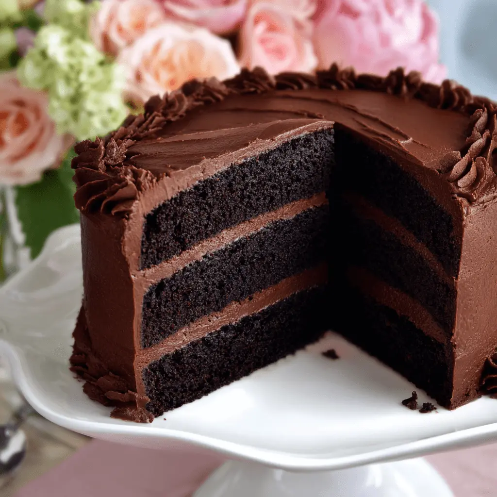 Decadent multi-layered dark chocolate cake on a white stand with a slice removed, revealing rich interior.