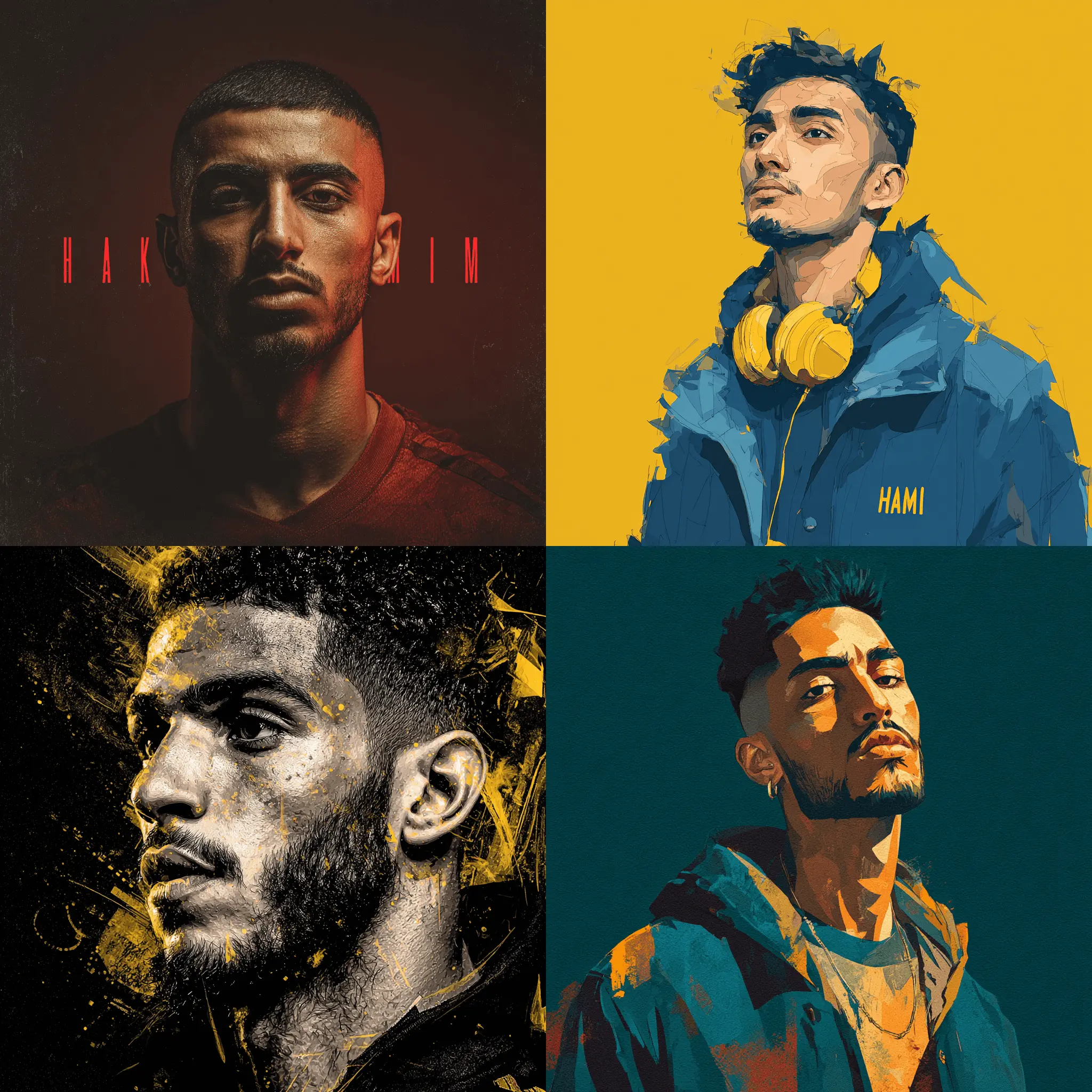 Dynamic quadriptych featuring a young man's diverse artistic portraits; a visual experience as rich as enjoying buffalo wings.