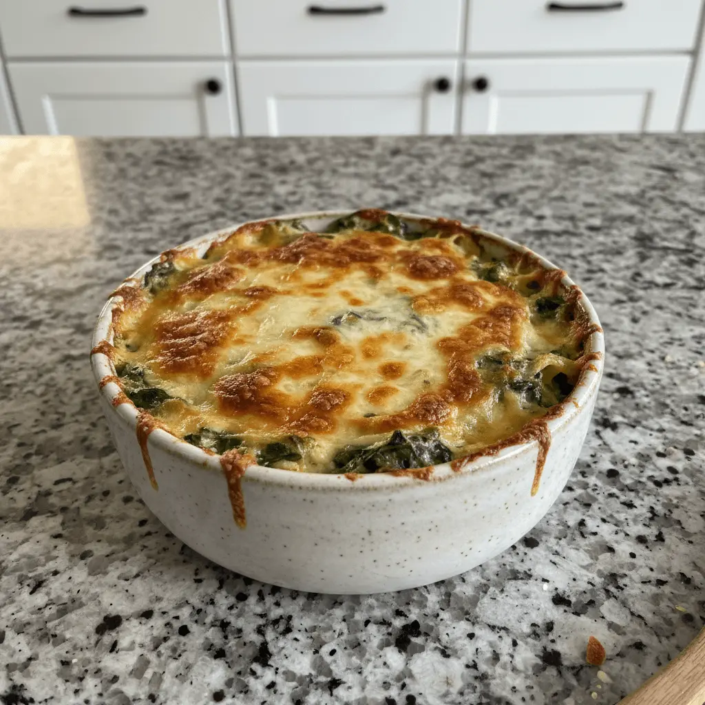 Freshly baked spinach artichoke dip in a rustic ceramic bowl on a speckled kitchen countertop.
