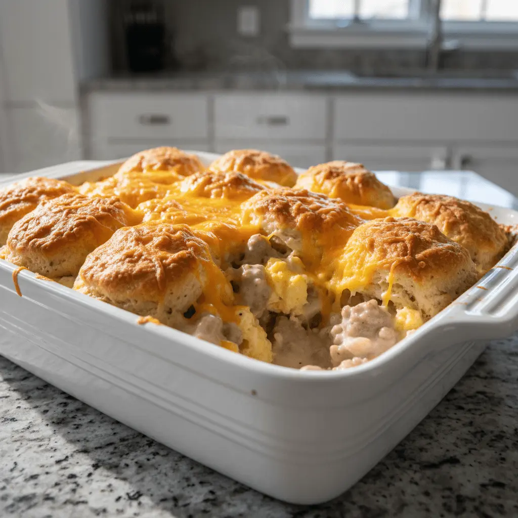 Freshly baked biscuits and gravy casserole with melted cheddar cheese, sausage, and eggs, steaming hot in a white baking dish.