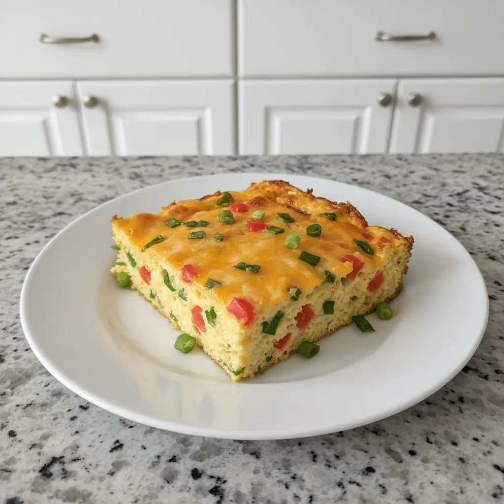 Delicious breakfast casserole slice with melted cheese and vegetables on a white plate.