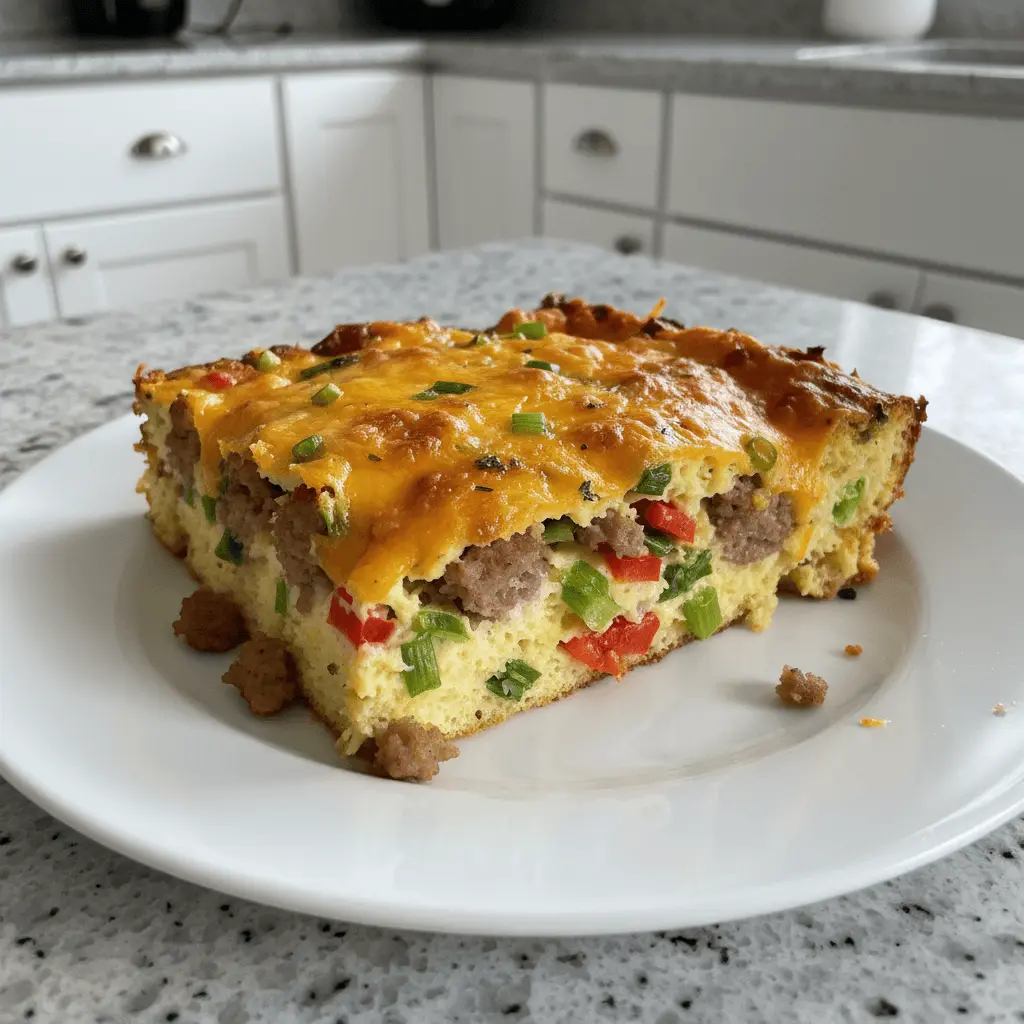 A savory slice of breakfast casserole with eggs, sausage, melted cheese, and fresh green onions.