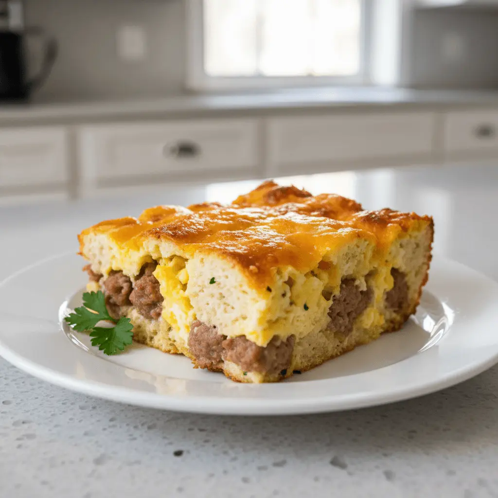 A freshly baked slice of savory breakfast casserole with biscuits, topped with melted cheddar cheese, sausage, and eggs, served on a white plate with a parsley garnish.