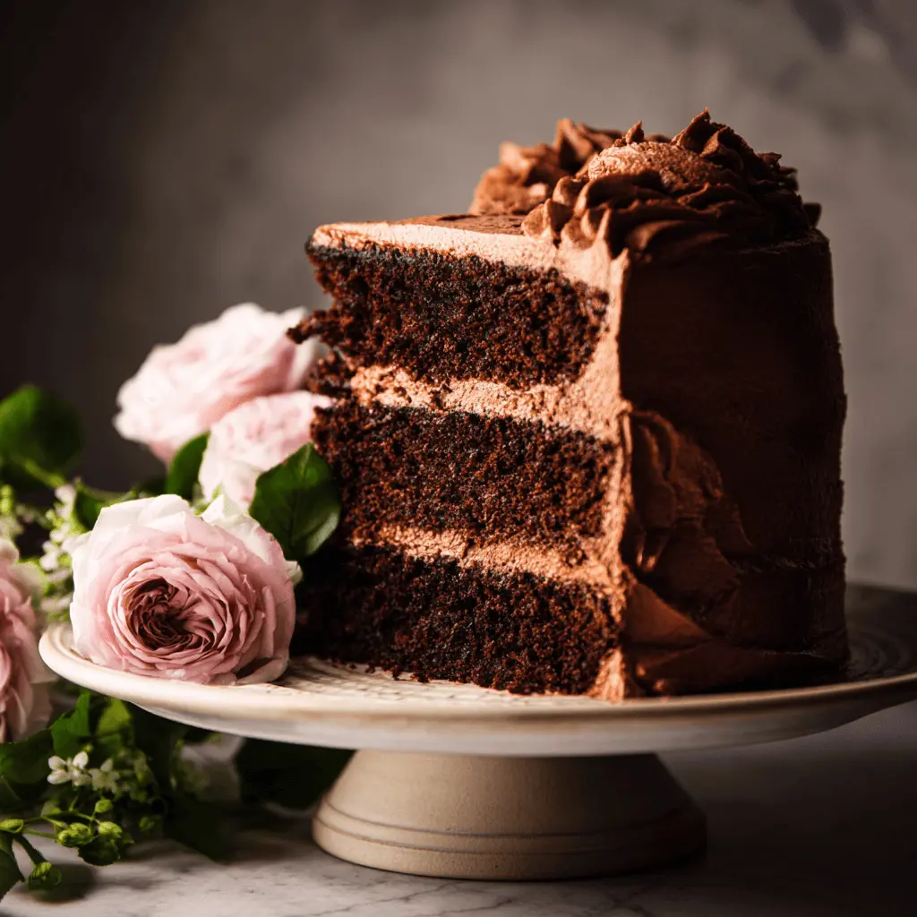 Decadent three-layer dark chocolate cake with a slice removed, revealing its moist interior, adorned with piped chocolate frosting and delicate pink roses, perfect for a delicious chocolate cake recipe.