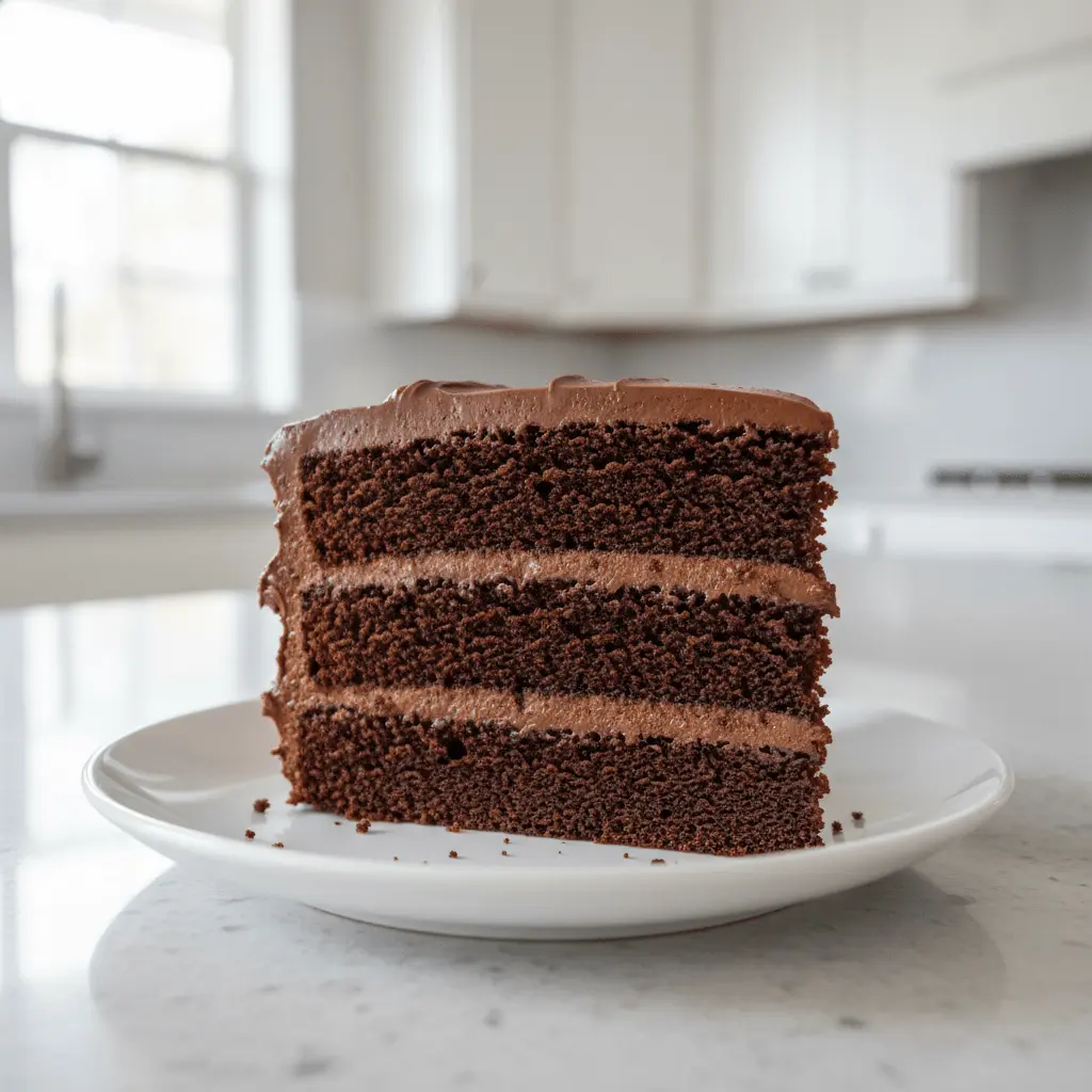 A delectable slice of layered chocolate cake on a white plate, showcasing a moist crumb and creamy frosting from a perfect chocolate cake recipe.