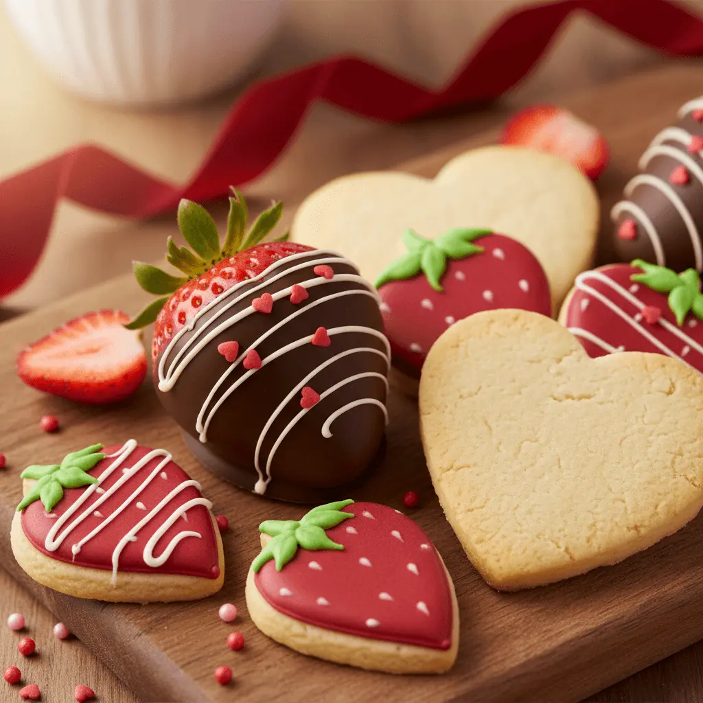 Delicious valentines chocolate covered strawberry with white drizzles, heart sprinkles, and festive cookies on a wooden surface.