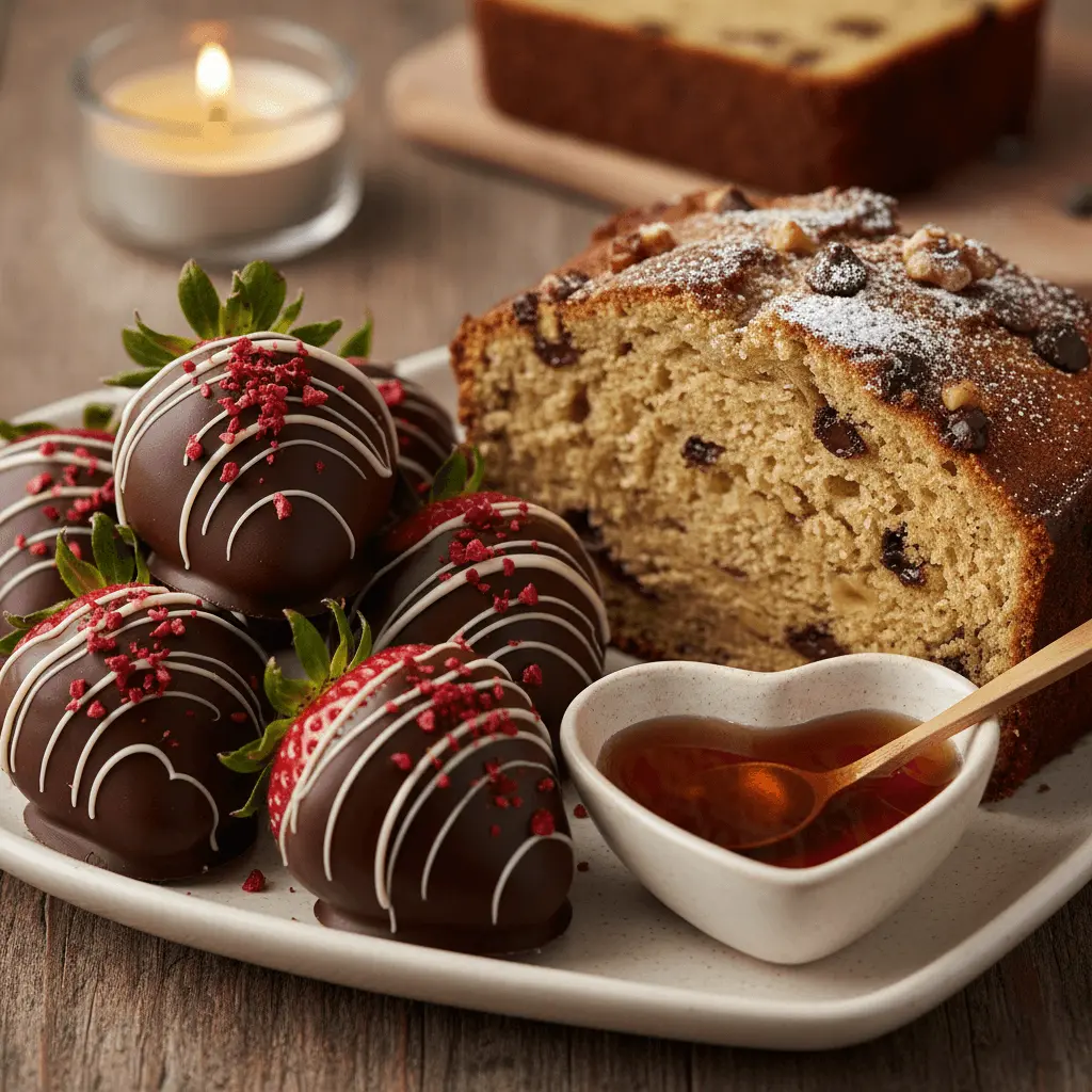Elegant valentines chocolate covered strawberries with white chocolate drizzle and raspberry flecks, served with a chocolate chip loaf cake and honey on a rustic wooden table.