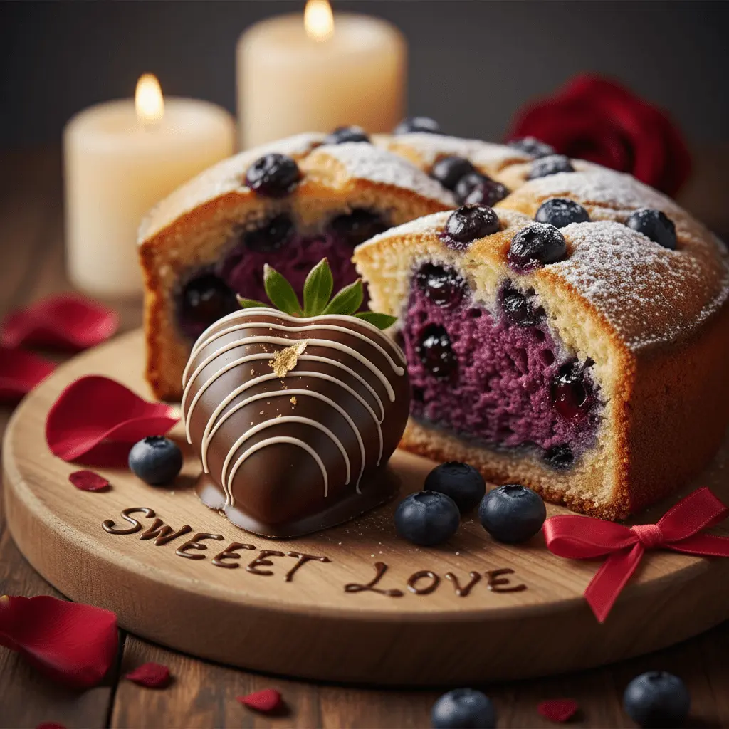 Heart-shaped valentines chocolate covered strawberry with gold leaf, alongside a blueberry cake and "SWEET LOVE" script on a rustic board.