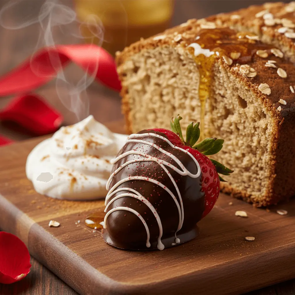 A decadent valentines chocolate covered strawberry with white chocolate drizzle and sprinkles, served on a rustic wooden board with whipped cream and honey-drizzled loaf cake.