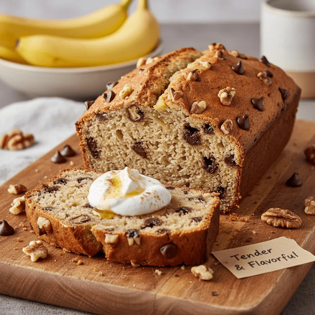 Freshly baked Greek yogurt banana bread, sliced on a rustic wooden board, topped with cream, honey, and cinnamon.