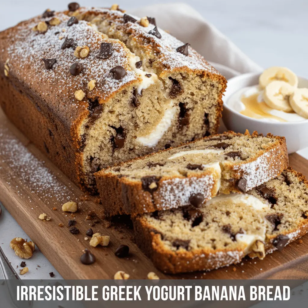 Partially sliced Greek yogurt banana bread with chocolate chips and nuts on a wooden board, next to a bowl of Greek yogurt and fresh bananas.