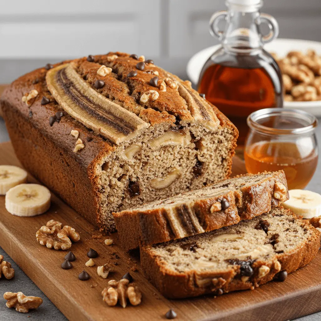 Appetizing close-up of a freshly baked, sliced sugar free banana bread loaf with chocolate chips and walnuts on a wooden board.