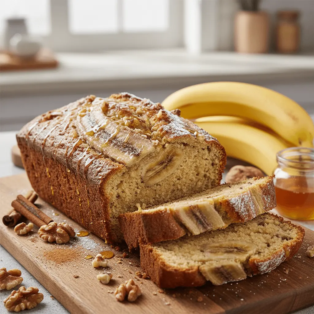 Freshly baked healthy banana bread recipe loaf, garnished with bananas, walnuts, and honey on a rustic wooden board.