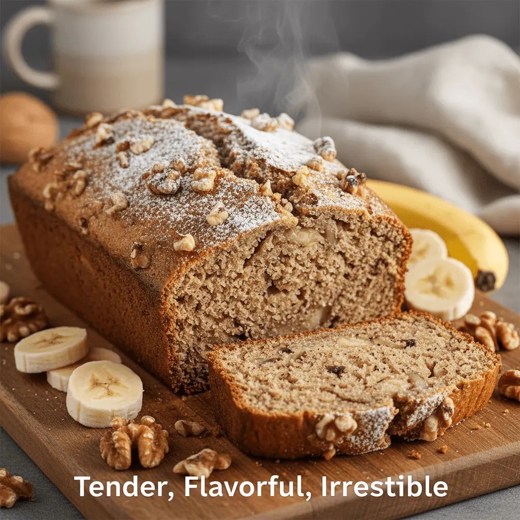 Freshly baked Sourdough banana bread loaf with walnuts, powdered sugar, and a cut slice revealing its moist interior, served on a wooden board with fresh bananas.