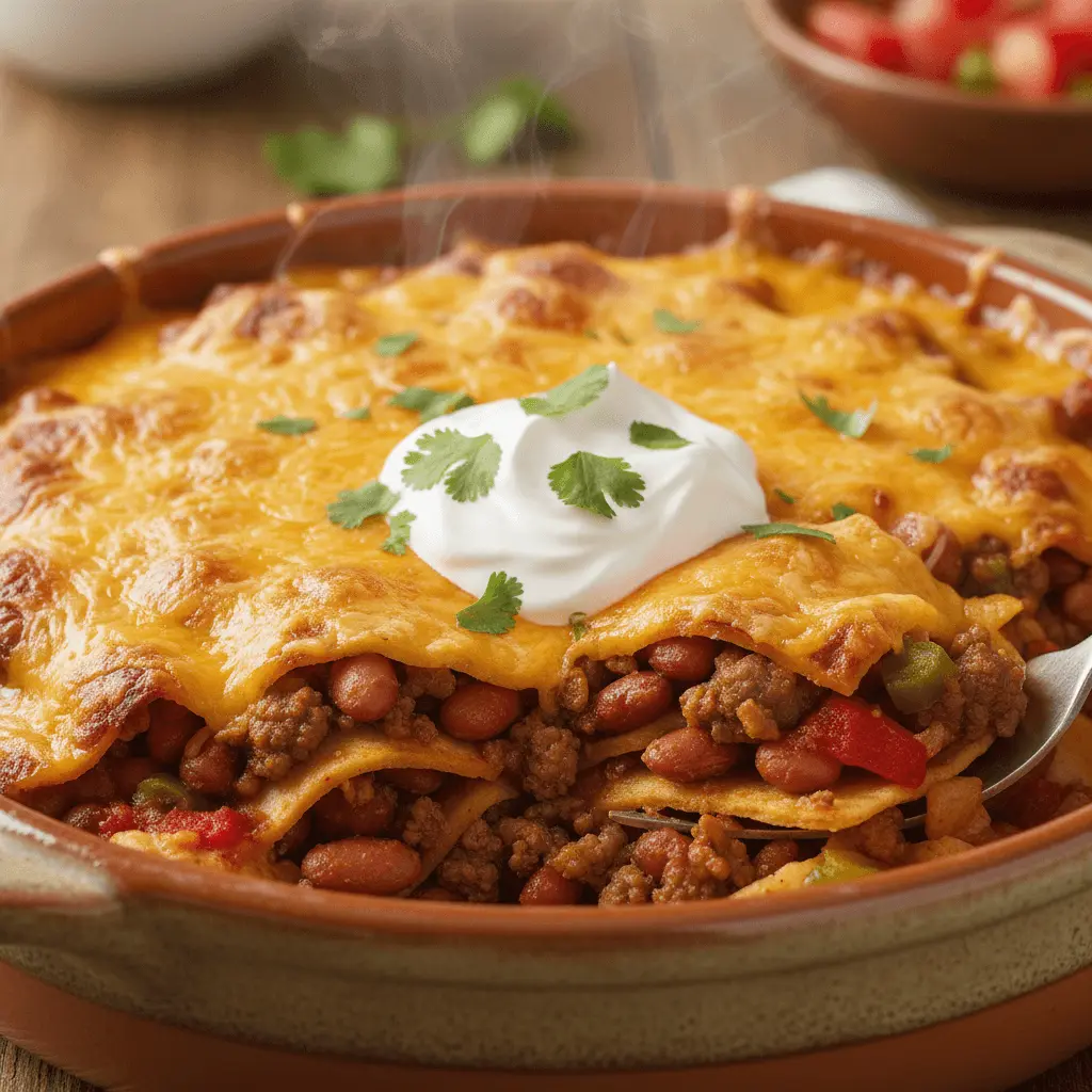 Warm, bubbly, and hearty Mexican casserole with melted cheese, sour cream, and fresh cilantro, served in a rustic ceramic dish.
