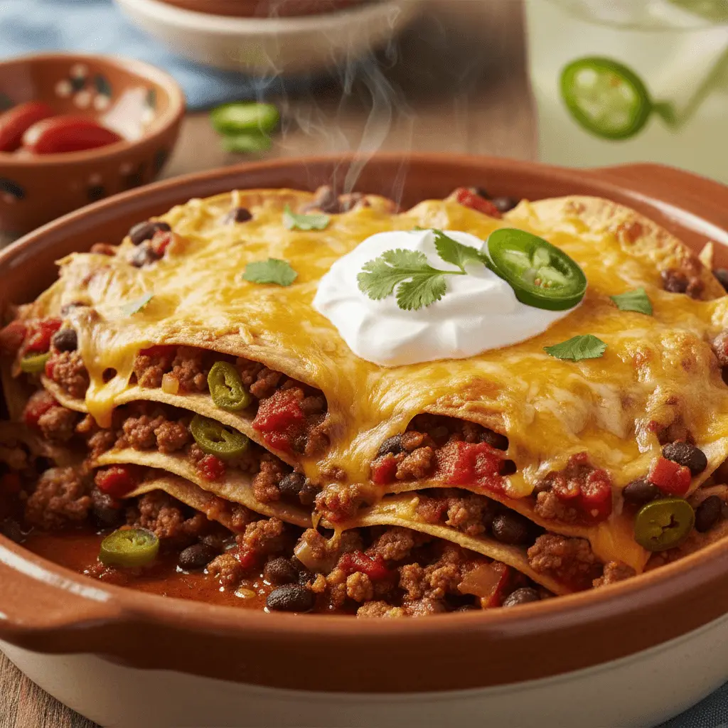 Steaming hot, layered Mexican casserole with melted cheese, sour cream, cilantro, and jalapeños in a rustic baking dish.