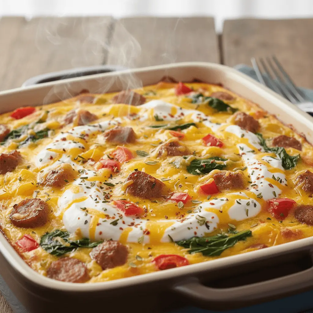 A golden, freshly baked high protein breakfast casserole with sausage, spinach, tomatoes, and melted cheese in a ceramic dish on a rustic wooden table.