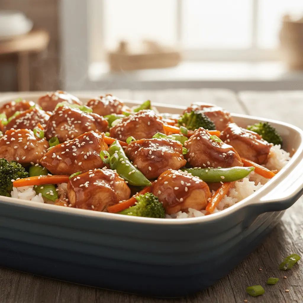 A steaming teriyaki chicken casserole with broccoli, carrots, and snap peas over rice, garnished with sesame seeds and scallions, in a teal baking dish on a wooden table.