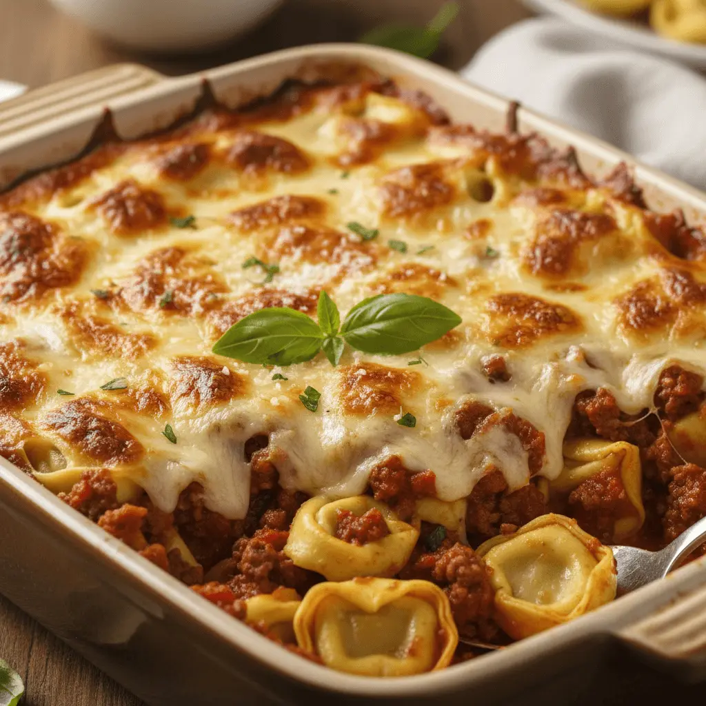 A baked tortellini casserole with golden-brown melted cheese, fresh basil, and a hearty meat sauce in a rustic ceramic dish.