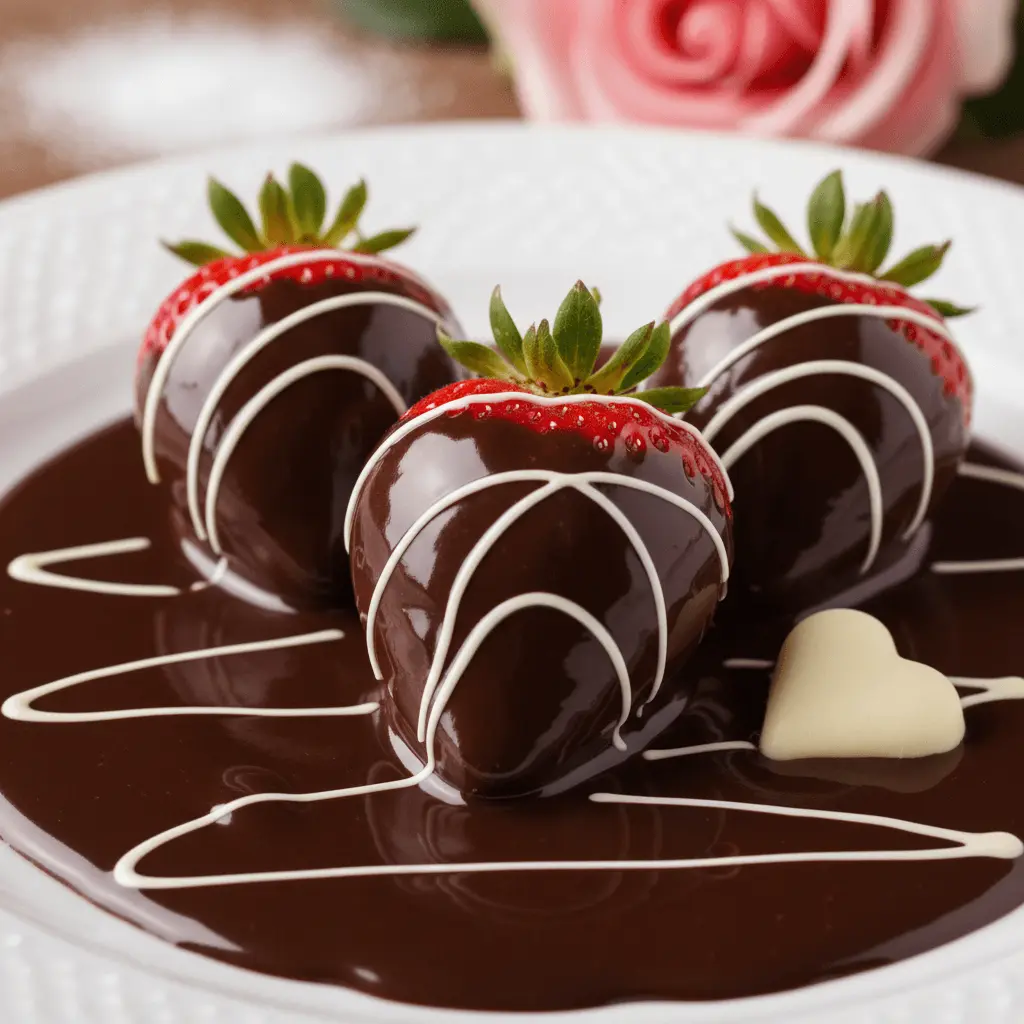 Three decadent valentines chocolate covered strawberry treats on a white plate with white chocolate drizzle, a white chocolate heart, and a pink rose in the background.