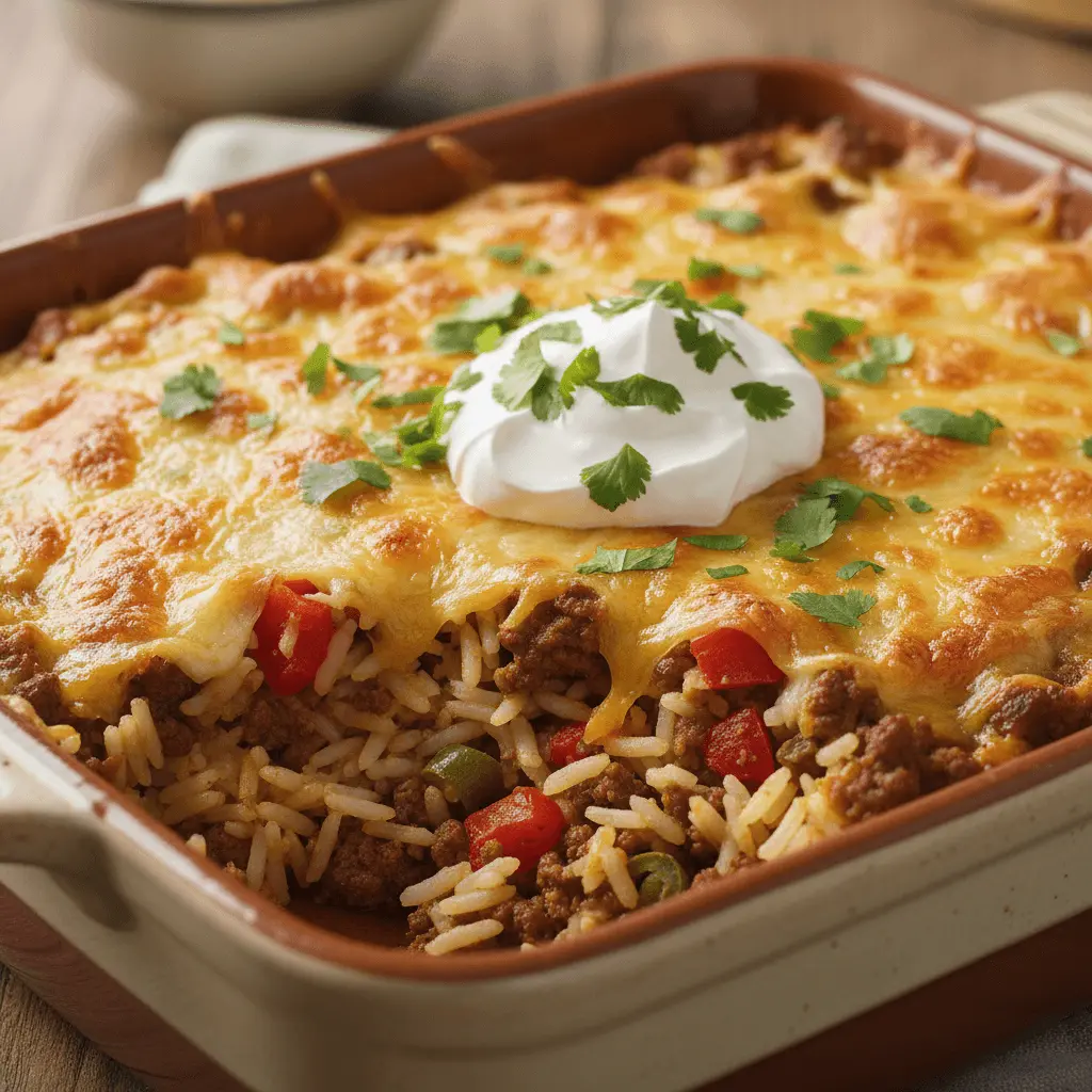 Hearty, freshly baked taco rice casserole in a rustic baking pan, topped with melted cheese, sour cream, and fresh cilantro.