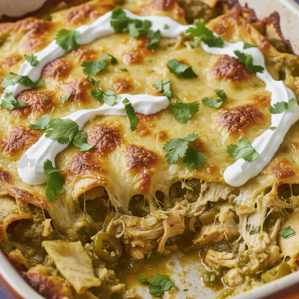 A close-up of a freshly baked, bubbling chicken enchilada casserole with melted cheese, green sauce, shredded chicken, and fresh cilantro.
