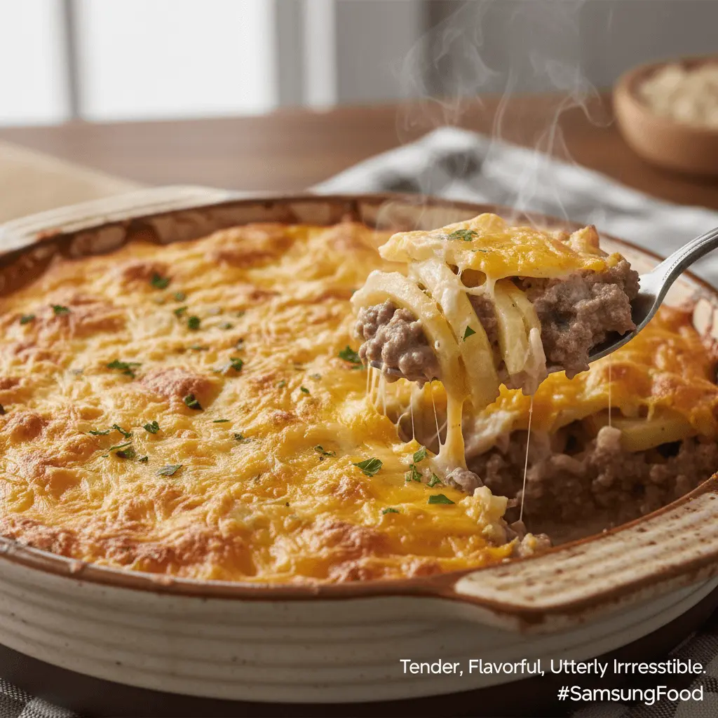 Close-up of a steaming hobo casserole with ground beef, featuring golden-brown cheese, savory layers, and a spoonful being lifted with gooey cheese pulls.